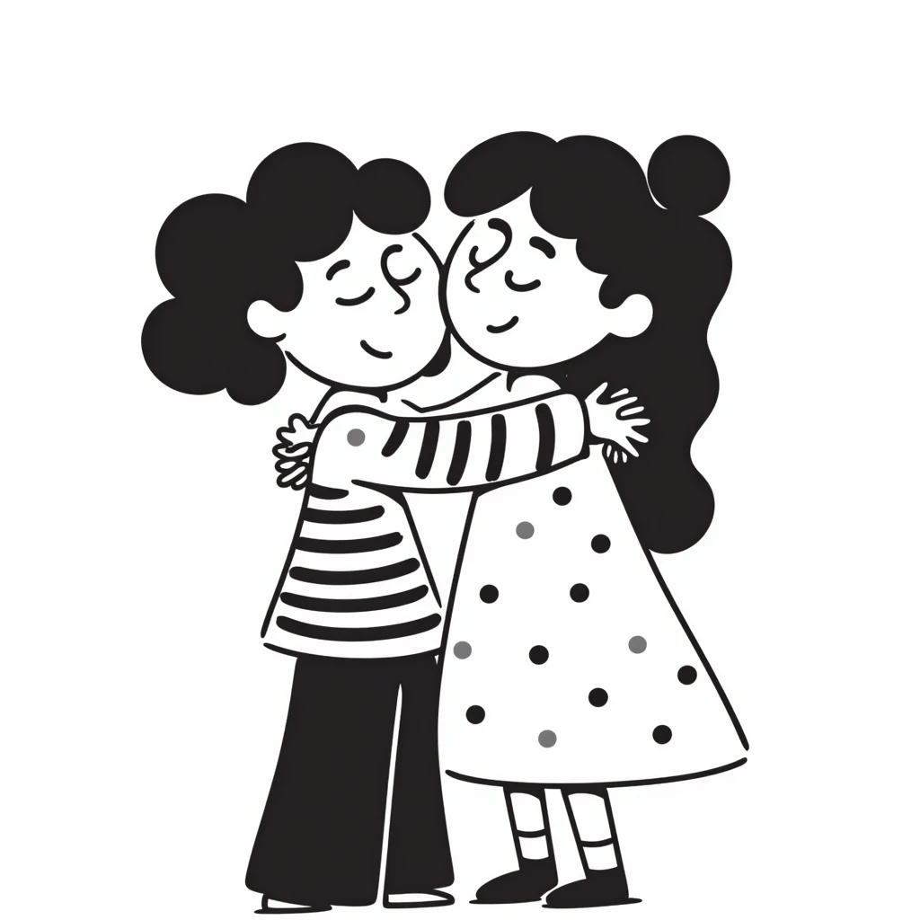 two girls hugging, black doodle style emoji