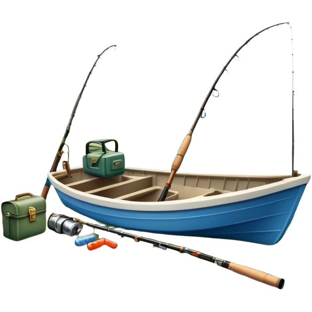 Icon for Fishing: a fishing boat by a water body with a beautiful nature backdrop, a spinning rods, fishing boots, and a fishing tackle box. The icon should evoke the peaceful and adventurous spirit of fishing. Transparent background. emoji