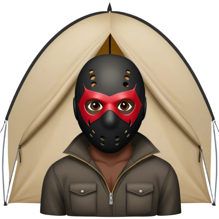 dark skinned black man standing in front of tent with a jason mask emoji