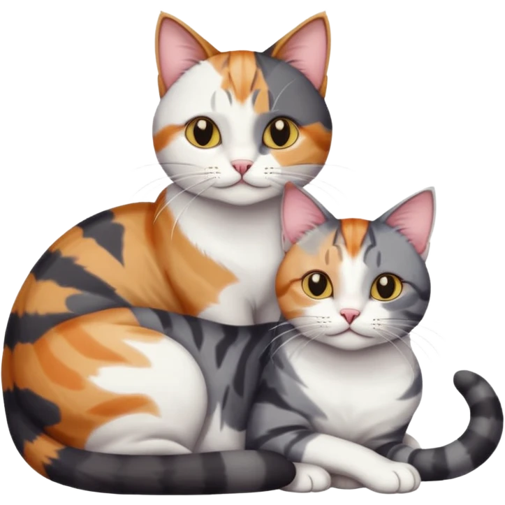 two cats in love, a colourful light patched calico + white tabby cat cuddling a bigger cat that is dark grey and white tabby cat emoji