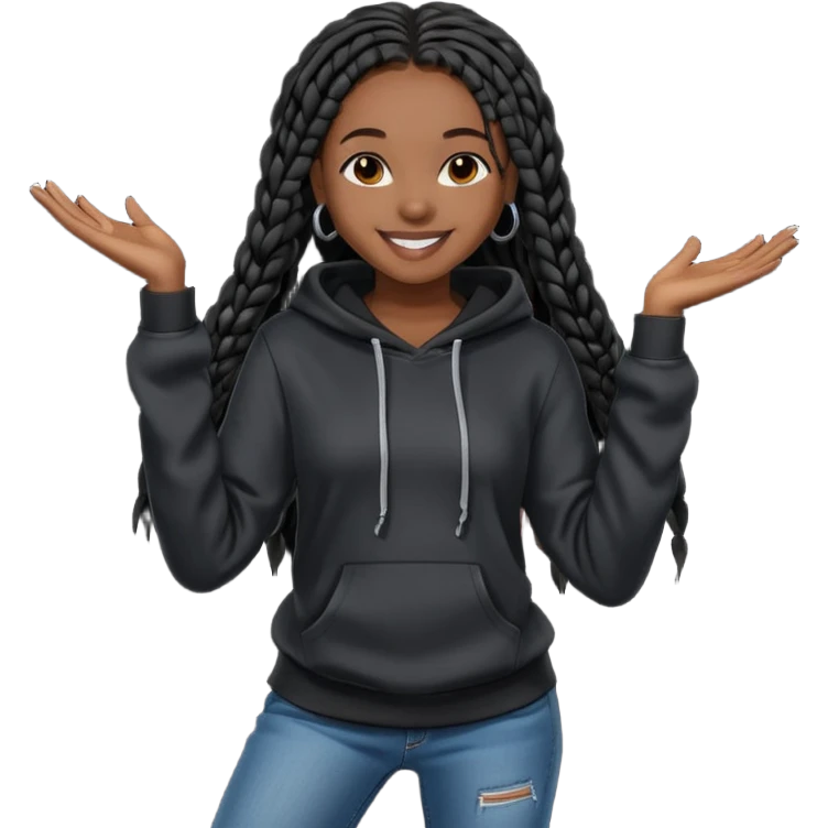 African American girl dark skin with long black box braids wearing plain black hoodie wearing skinny jeans dancing emoji