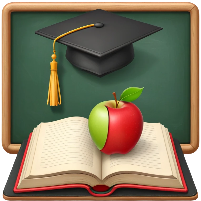 An icon featuring an open book, a chalkboard with lesson plans, and a pencil, symbolizing education and pedagogy. The design includes an apple and a graduation cap, representing teaching and learning. Transparent background highlights the growth and development in education. emoji