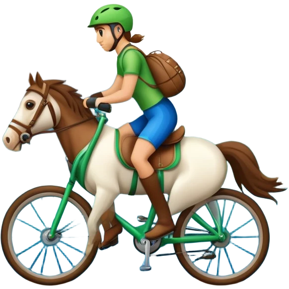 a horse riding a bike on mountains with a sea emoji