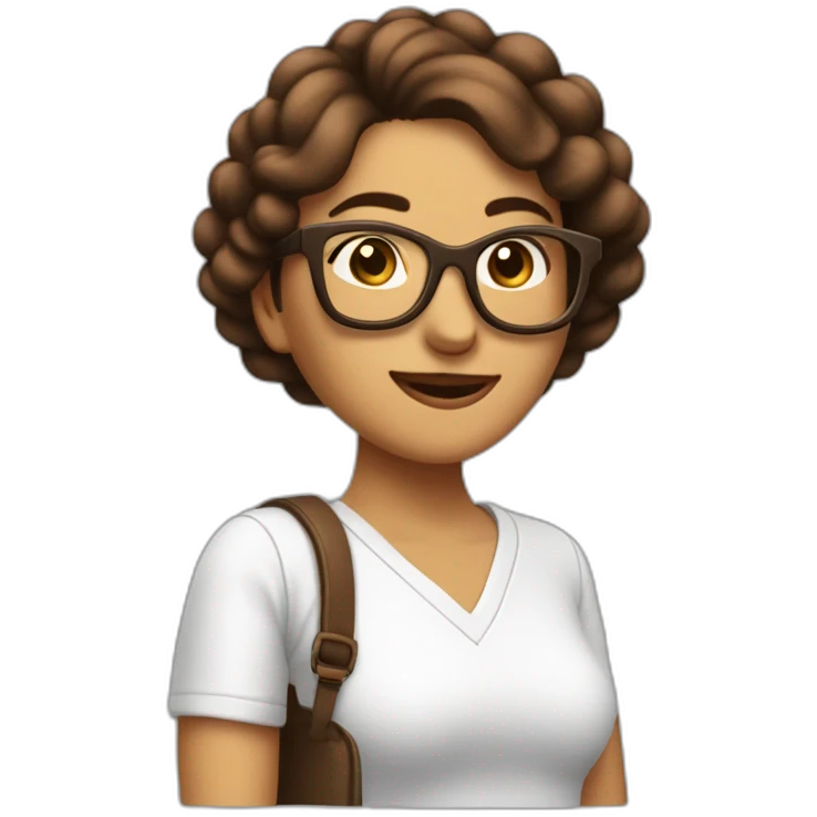 mujer riendo con piel de color blanco con gafas cabello hasta el hombro y de color marron con un computador emoji