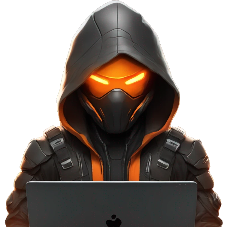  developer behind his laptop with this style : crysis Cyberpunk Valorant orange glowing bright orange character orange black hooded assassin themed character emoji