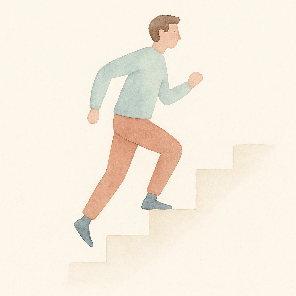 soft watercolor illustration in a minimalist modern style, a man running upstairs, pastel colors, delicate linework, gentle whimsical mood, minimal soft shading emoji
