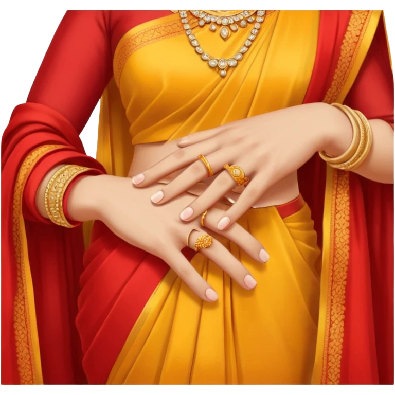 Two hands in a engagement..One hand of groom and one hand of bride. Bride hand - red/yellow saree. groom- light orange punjabi (oonly hands will be visible in the image). Groom's hand is holding a ring and bride's hand will be wearing the ring.*ONLY HANDS WILL BE VISIBLE IN THE IMAGE* emoji