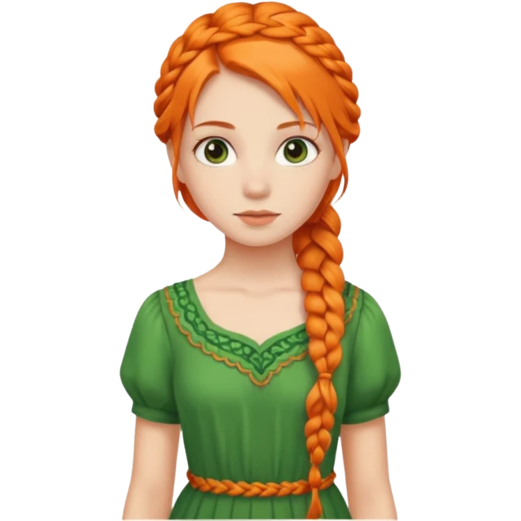 girl orange braid hair, green dress emoji