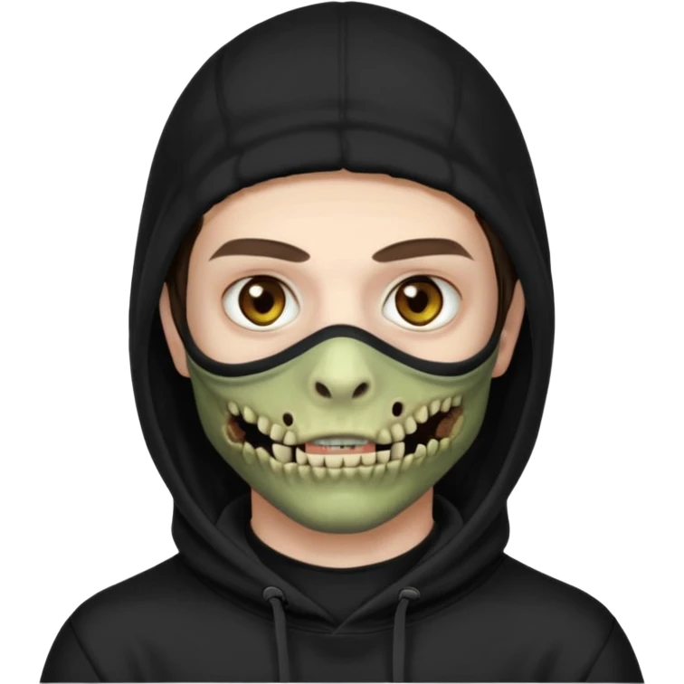 это должен быть юноша, одет в черную худи с балаклавой, глаза цвета хамелион, но более коричневые, выглядит как зомби и еще немного длинные волнистые кудрявые волосы темно коричневого цвета, также добавь темный оттенок на задней фон emoji