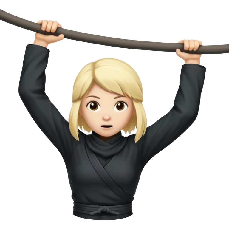 Blonde girl dressed as ninja doing the monkey bars emoji
