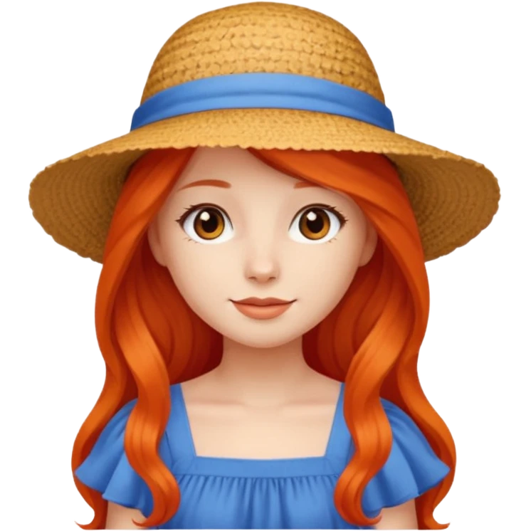 girl_wearing_summer_hat, red orrange long hair, blue dress emoji