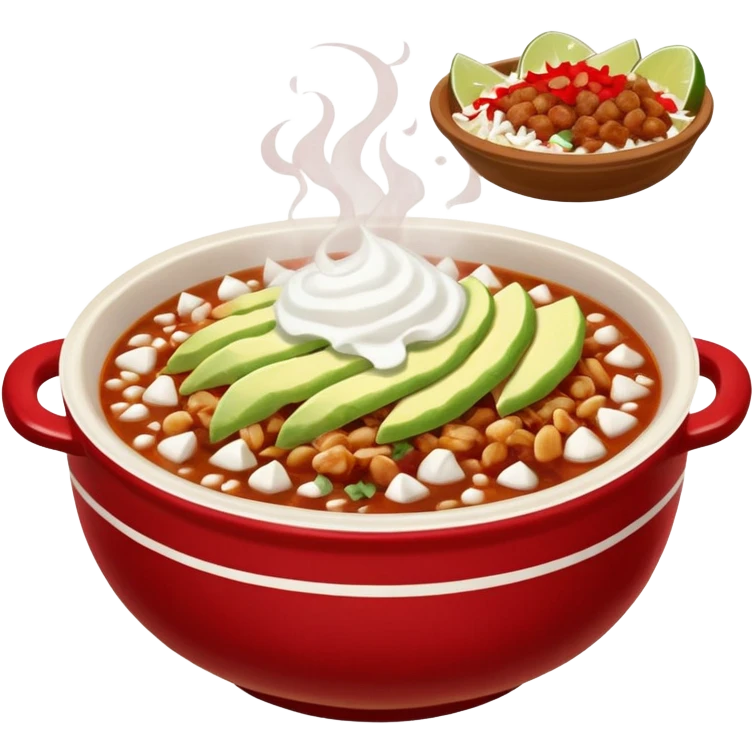 A delicious hot bowl of pozole rojo emoji. Steam rising. Hominy visible. Place the sides next to the bowl: chopped onions, shredded cabbage, lime wedges, red chile de arbol salsa, and full round tostadas with a light smear of sour cream emoji