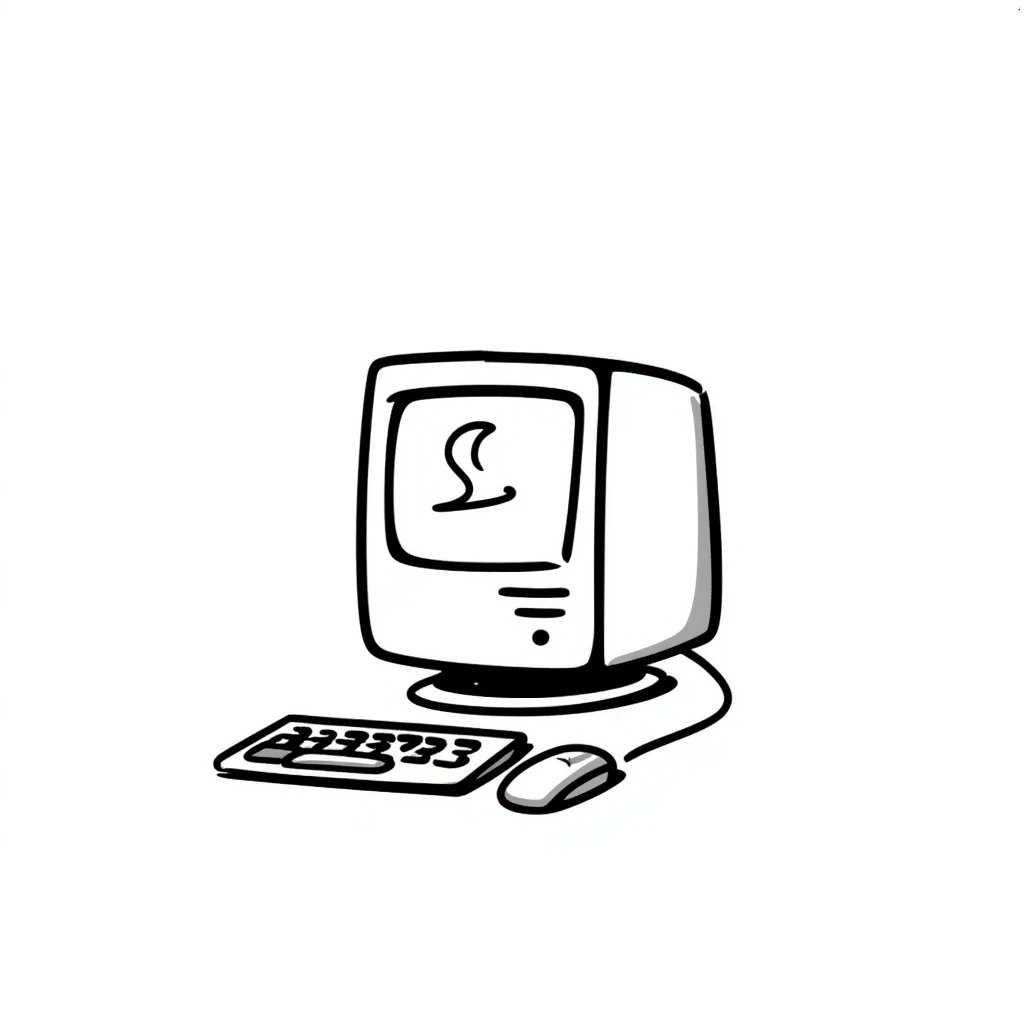 Pixel art style old Macintosh computer, simple monochrome linework emoji