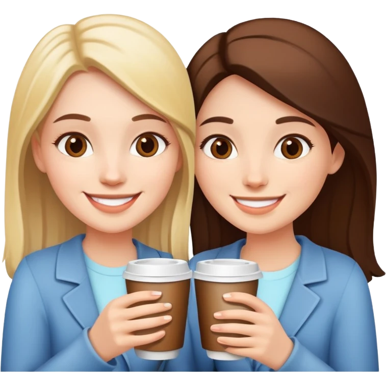 Two girls smiling, holding one coffee cup together emoji