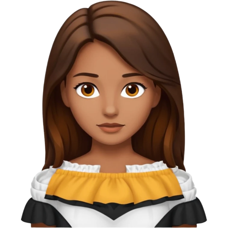 Chicas  de cabello  largo castaño ojos caff3 oscuro  piel morena y playera blanca  de ombros emoji