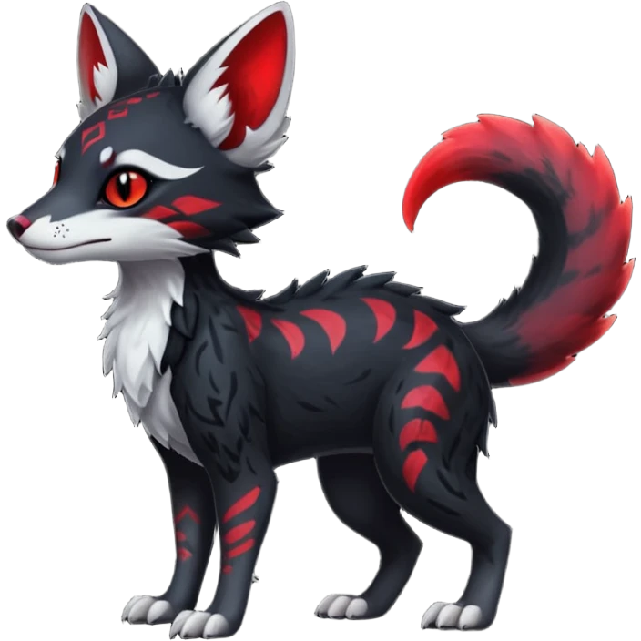 Feral Rare Fantasy   dark obsidian-black fur with crimson glowing runic markings Vernid-Sergal-Genet-Trico-species by LiLaiRa, random markings, tufted tail, tufted ears, full body emoji