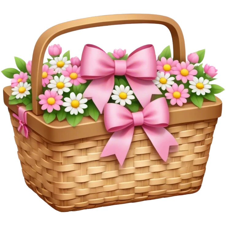 cute picnic basket with pink bow and with ight color flowers emoji