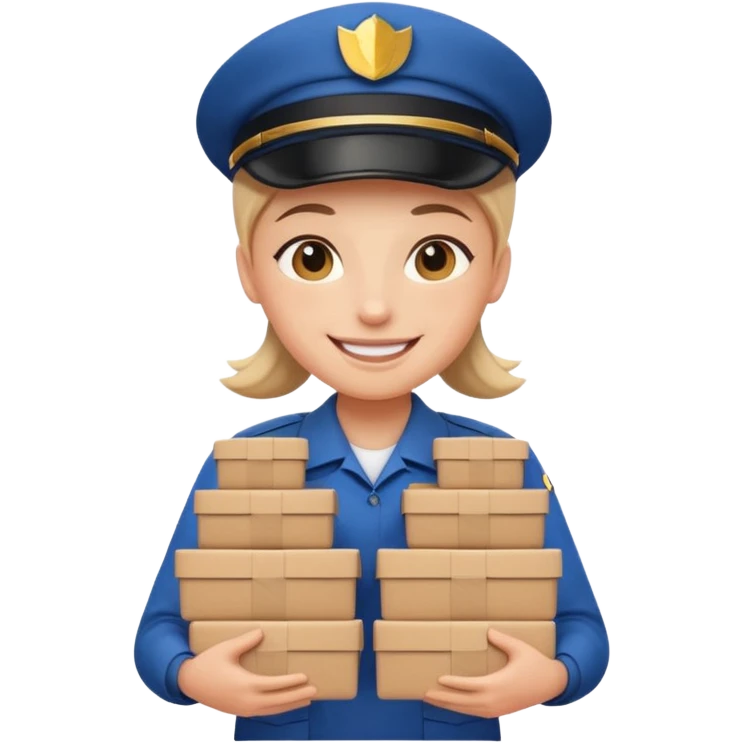 smiling delivery person with uniform and multiple packages emoji