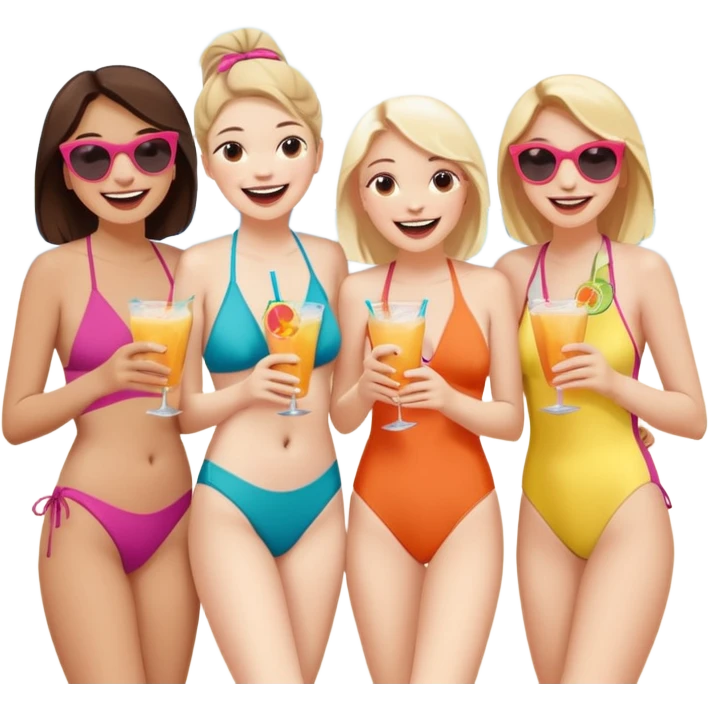  4 amigos en bañador riendo con bebidas en la mano emoji