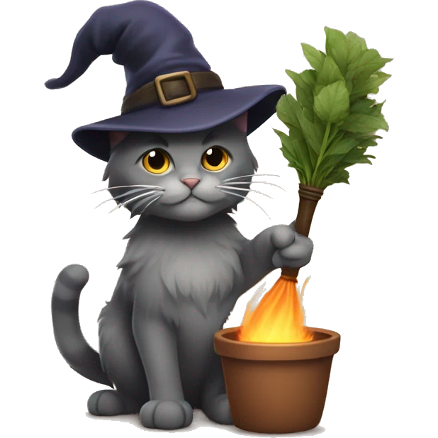 Smokey fluffy cat wearing old witches hat, holding a broomstick and a potted herb  emoji