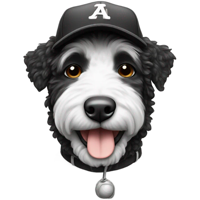 Black and white Aussie doodle in a baseball hat emoji