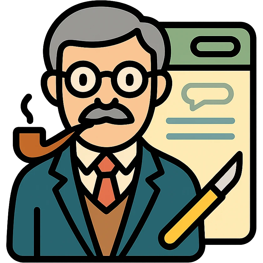 minimalistic icon of a refined scholarly professor with glasses, pipe, elegant suit, exuding intellectual authority and respect, atop a sleek document background with subtle AI messaging interface cues, scalpel motif subtly integrated, vintage European university color palette, evokes technical precision and scholarly elegance emoji