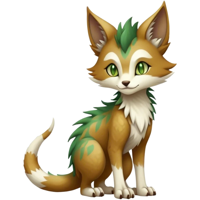 Kawaii cool edgy brown beige white fantasy ethereal feline-vernid-sergal-fursona animal creature with a tufted tail full body with intricate markings, hazel-gold-green eyes emoji