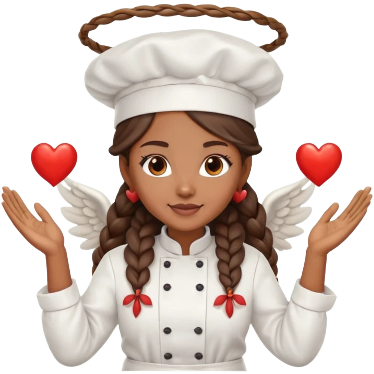Brown-skinned female chef with long braided brown hair, wearing a chef's hat, with both an angel halo and devil horns, making a heart shape with her hands emoji