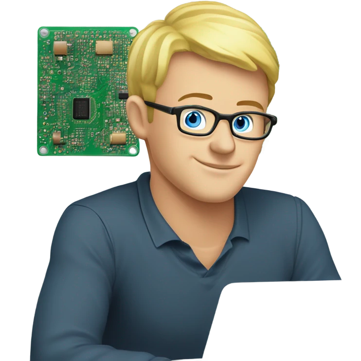 man looks 35 classes short hair, european, tech nerd love pcb designing, blond hair shorter blue eyes behind laptop with pcb in hand with classes emoji