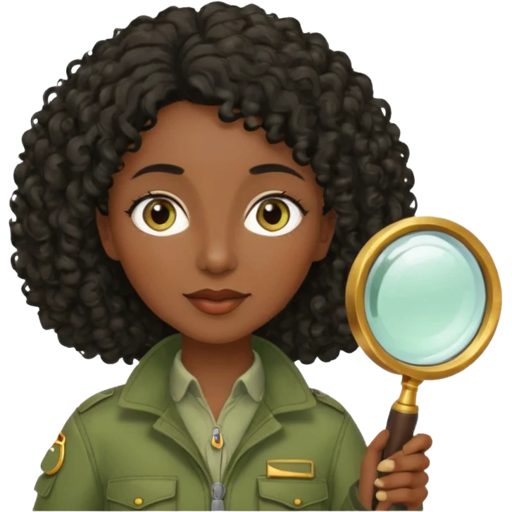 dark skin curly black haired middle-aged woman in moss green explorer outfit, holding magnifying glass emoji