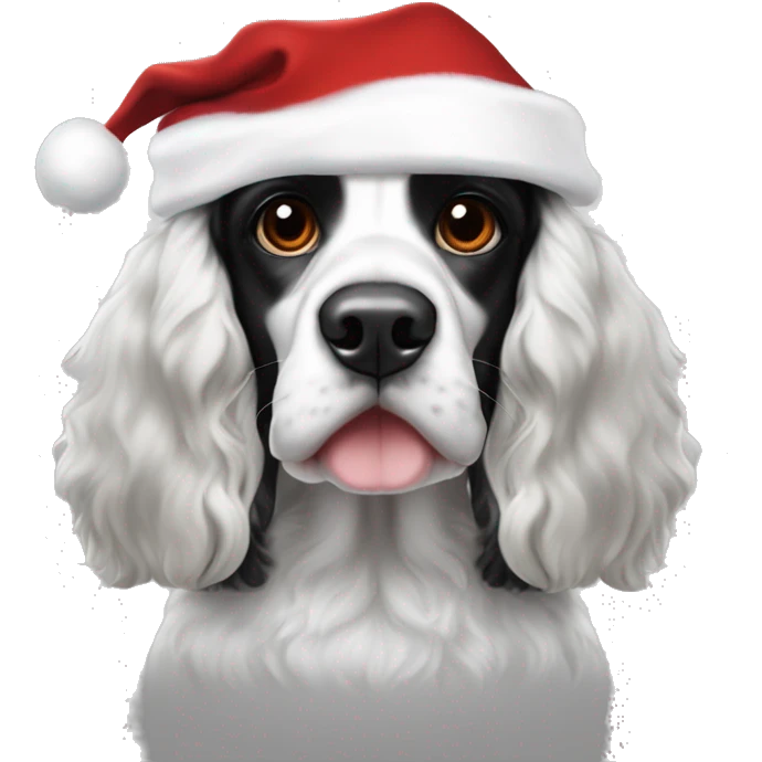 black and white trimed english cocker spaniel with spots on nose and black ears and santa hat emoji