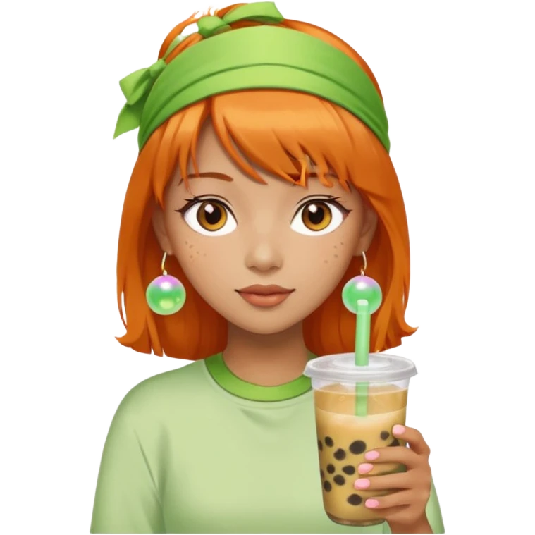 Create an emoji of a woman with orange hair, bangs, and a green headband, holding a cup of bubble tea. emoji
