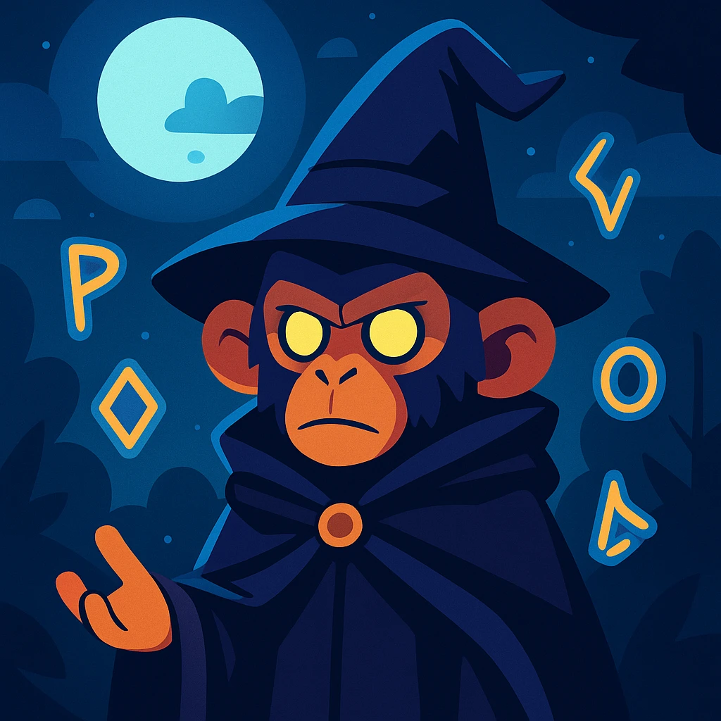mysterious wizard monkey, dark cloak, floating magical runes, moonlight emoji
