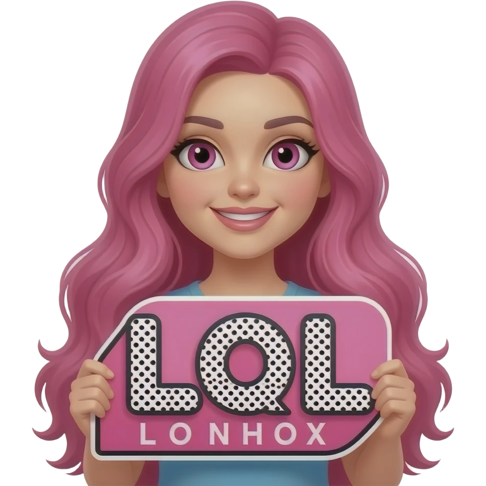 sexy girl with long pink hair and pink eyes holding LOL sign emoji