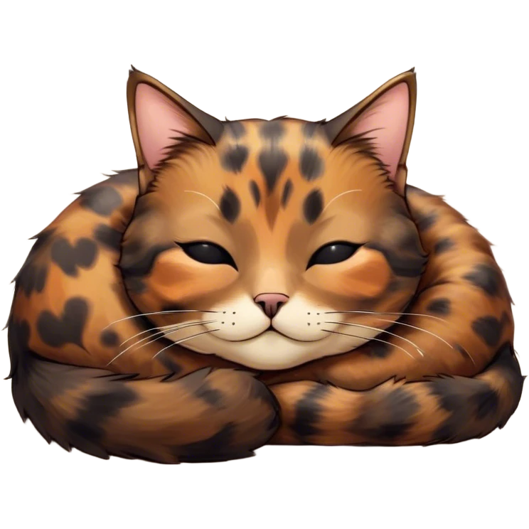 Meme-Worthy Cute Sleeping Tortoiseshell Cat Portrait Emoji, Head resting with a serene, sleepy smile and softly closed, dreamy eyes, showcasing a warm, mottled fur of rich browns and blacks, simplified yet adorably detailed, glowing with a gentle, drowsy radiance, high shine, exuding relaxed, heart-melting charm, styled with a soft glowing outline, capturing the essence of a sleeping tortoiseshell cat that radiates pure, peaceful cuteness! emoji