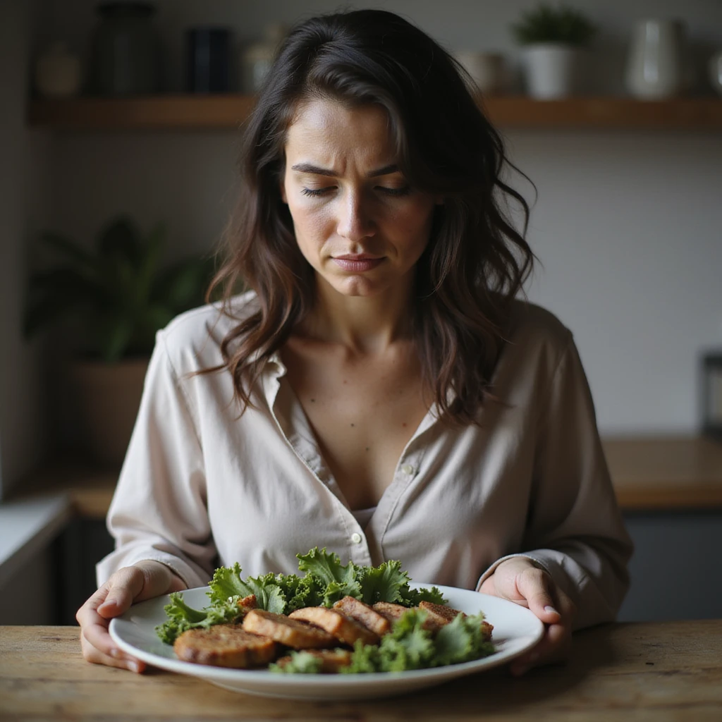 realistic woman with PCOS looking at her ketogenic plate with dissatisfied look, face with acne, chin facial hair, thin hair, home environment, hyperrealistic 4K details emoji