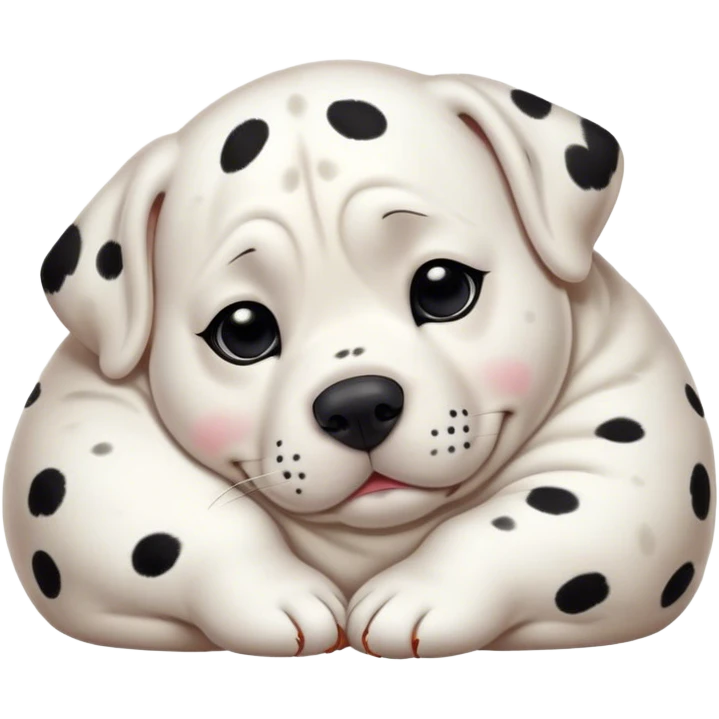 Cinematic Chubby Sleeping Dalmatian Portrait Emoji, Chubby and serene, with a round, plump build and a glossy white coat adorned with distinctive black spots, eyes gently closed in peaceful slumber, Simplified yet irresistibly endearing features, highly detailed, glowing with a gentle, dreamy glow, high shine, relaxed and content, stylized with a touch of whimsy, bright and heartwarming, soft glowing outline, capturing the essence of a blissfully sleepy companion, so comically serene it feels like it could roll out of the screen and snore with adorable charm! emoji