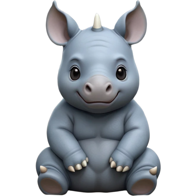 cinematic-baby rhino-full-body-sitting-emoji,white horn, slate grey/blue skin -massive-body-poised-powerfully,-thick-horn-curving-slightly-forward,-head-tilted-dramatically,-rough-grey-hide-covered-in-dust,-simplified-focused-features, large cute black eyes emoji