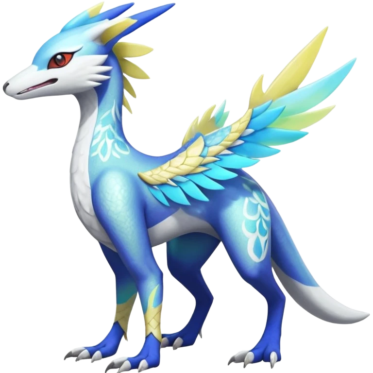 Colorful scaly flurry iridescent shiny bioluminescent translucent luminescent neon pastel bright pale Latias-Sergal-Vernid-Lombax-Renamon-Zeraora-Bastet-Fakémon-hybrid-fusion-creature, full body emoji