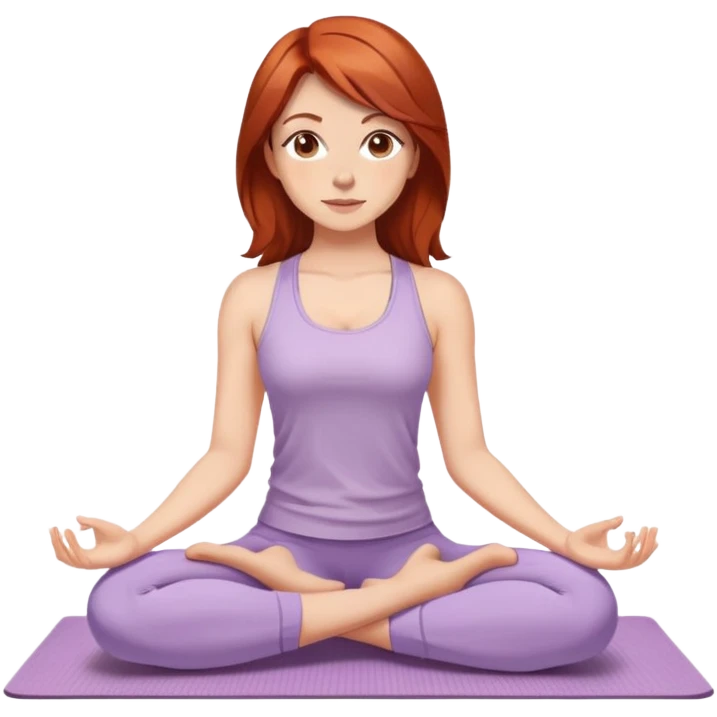 Brunette medium copper red hair, brown eyes, yoga beautiful girl in light lilac clothes sitting on a yoga mat emoji