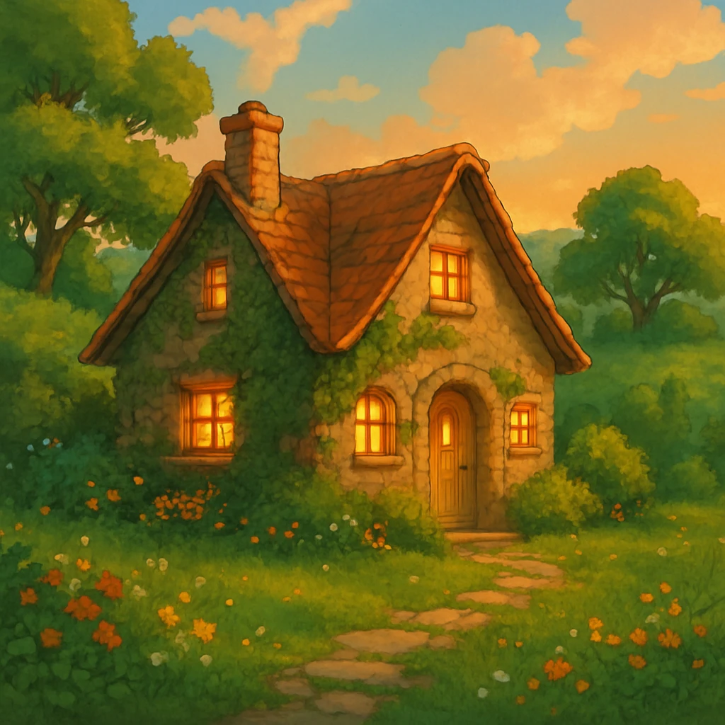 cozy cottage in a lush landscape with warm lighting in ghibli style emoji