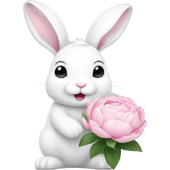 cute white bunny holding light pink peonies emoji