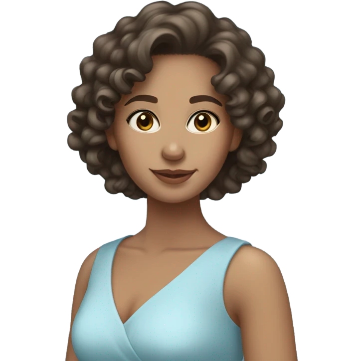 Pretty brunette long curly haired woman in a light blue pretty modest dress  emoji