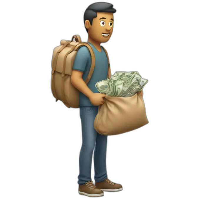 man with overloaded bag with money emoji