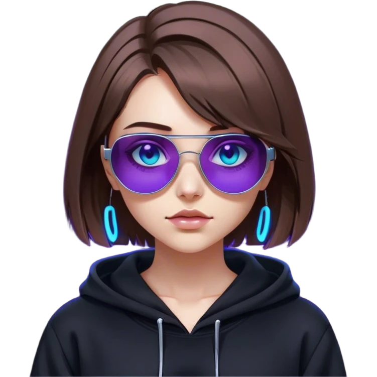 
girl with brown bob and blue eyes in a black hoodie and sunglasses. Cyberpunk style. Violet neon. emoji