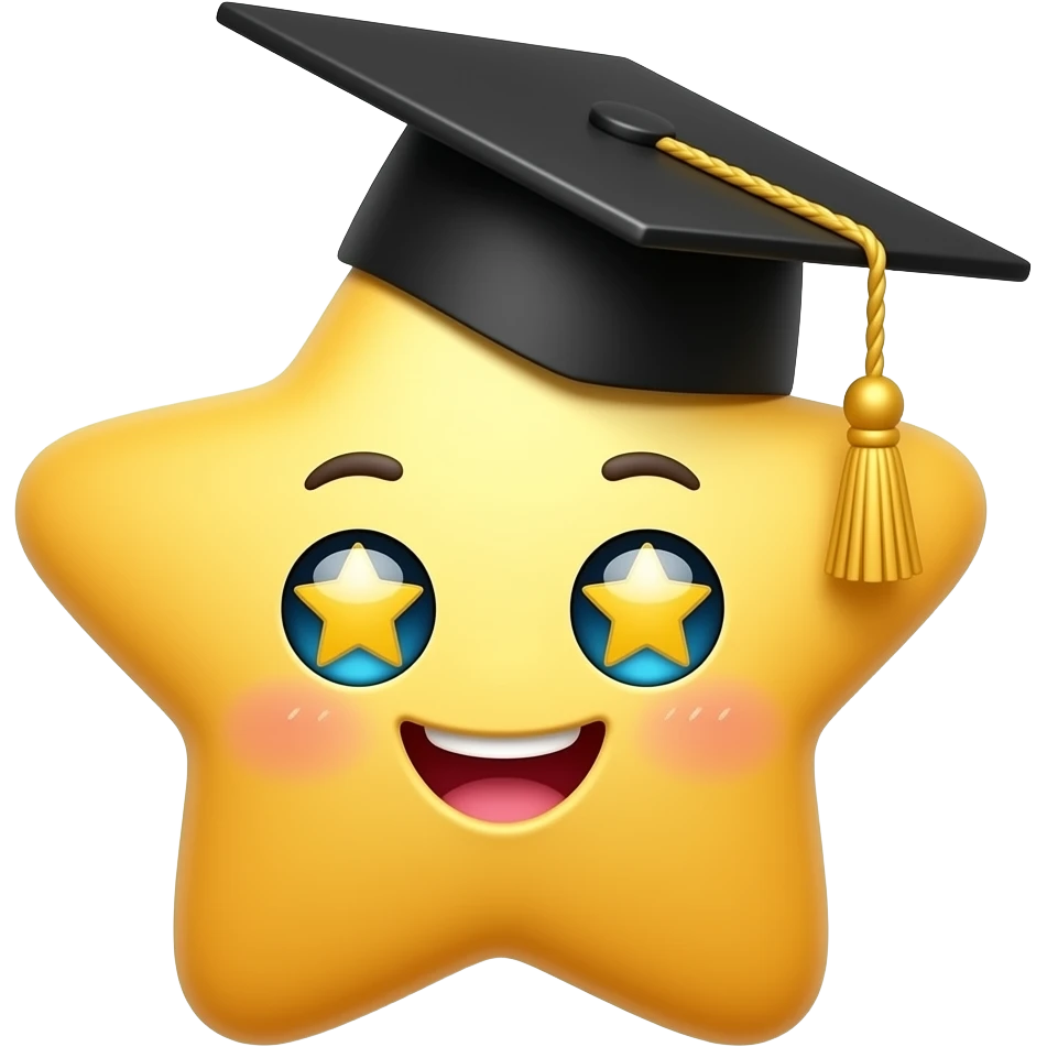 A cute 🤩 star-struck emoji character wearing a graduation cap (mortarboard) on top of its head, the cap is slightly tilted, gold tassel hanging down, bright cheerful expression with star-shaped eyes sparkling, cartoon style, vibrant colors, white background, high quality illustration emoji