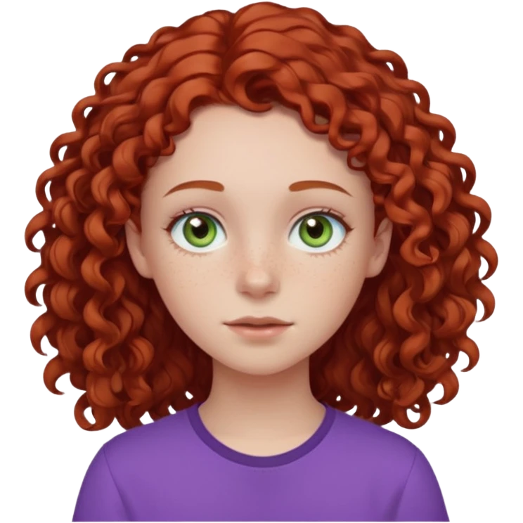 pale white teen girl with light blueish green eyes and freckles with brownish red curly middle part hair and purple shirt emoji