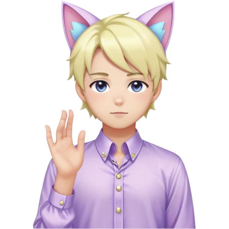 effeminate young pastel femboy man with shiny hair, cat ears, blouse, cute, gorgeous, anime, catboy, full body emoji