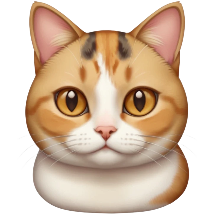 torbie and white cat with small head, hazel eyes, and short but chubby body emoji
