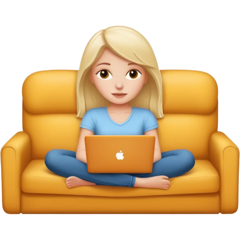 A white girl is lying on a sofa with a laptop emoji